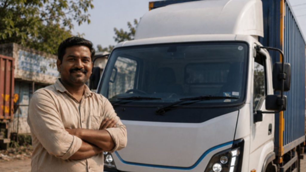 Electric freight delivery vehicles operating in an urban logistics environment, highlighting how affordable financing and sustainable transport can improve driver incomes across India and Africa.