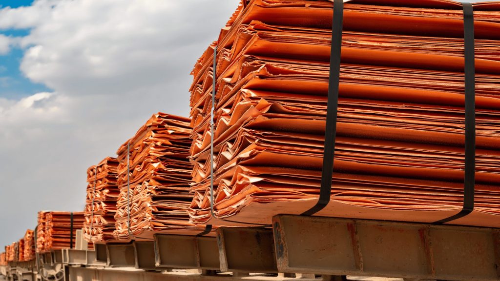 Copper cathode sheets bundled for export, representing Zambia's copper supply chain