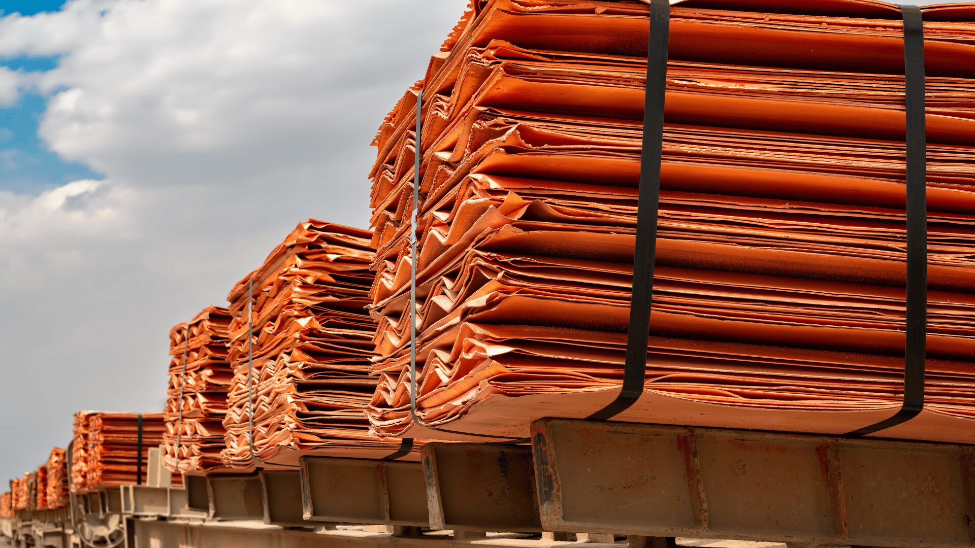 Copper cathode sheets bundled for export, representing Zambia's copper supply chain