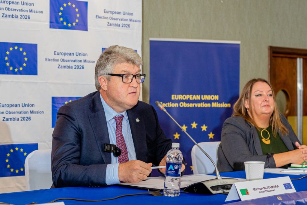 EU Election Observation Mission representatives at an opening press conference in Lusaka