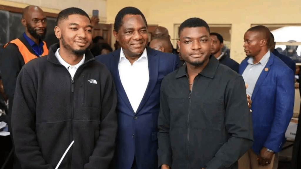 President Hakainde Hichilema voting at Kabulonga Boys Secondary School with his sons Chikonka and Habwela