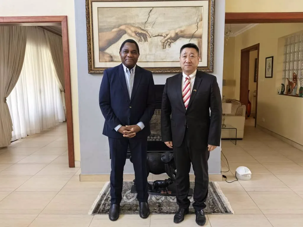 President Hakainde Hichilema with Chinese Ambassador Han Jing at Community House in Lusaka