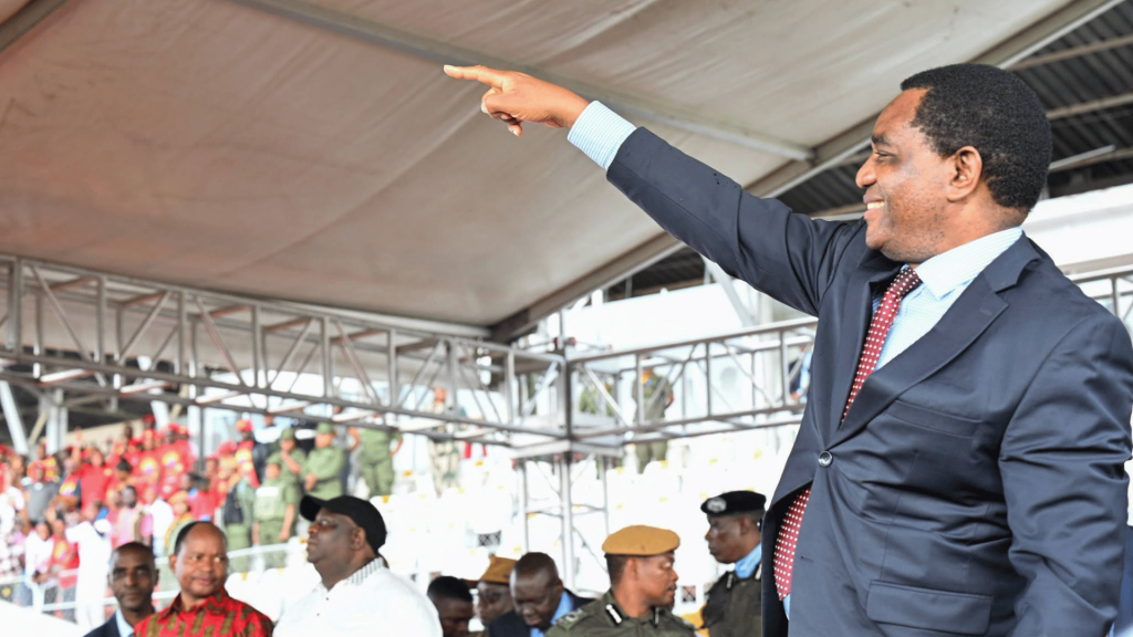 President Hakainde Hichilema speaking after his 2026 re-election, when he warned Zambians against militia politics and gun culture