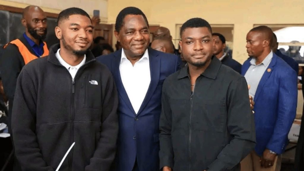 President Hakainde Hichilema with sons Chikonka and Habwela after voting in Lusaka