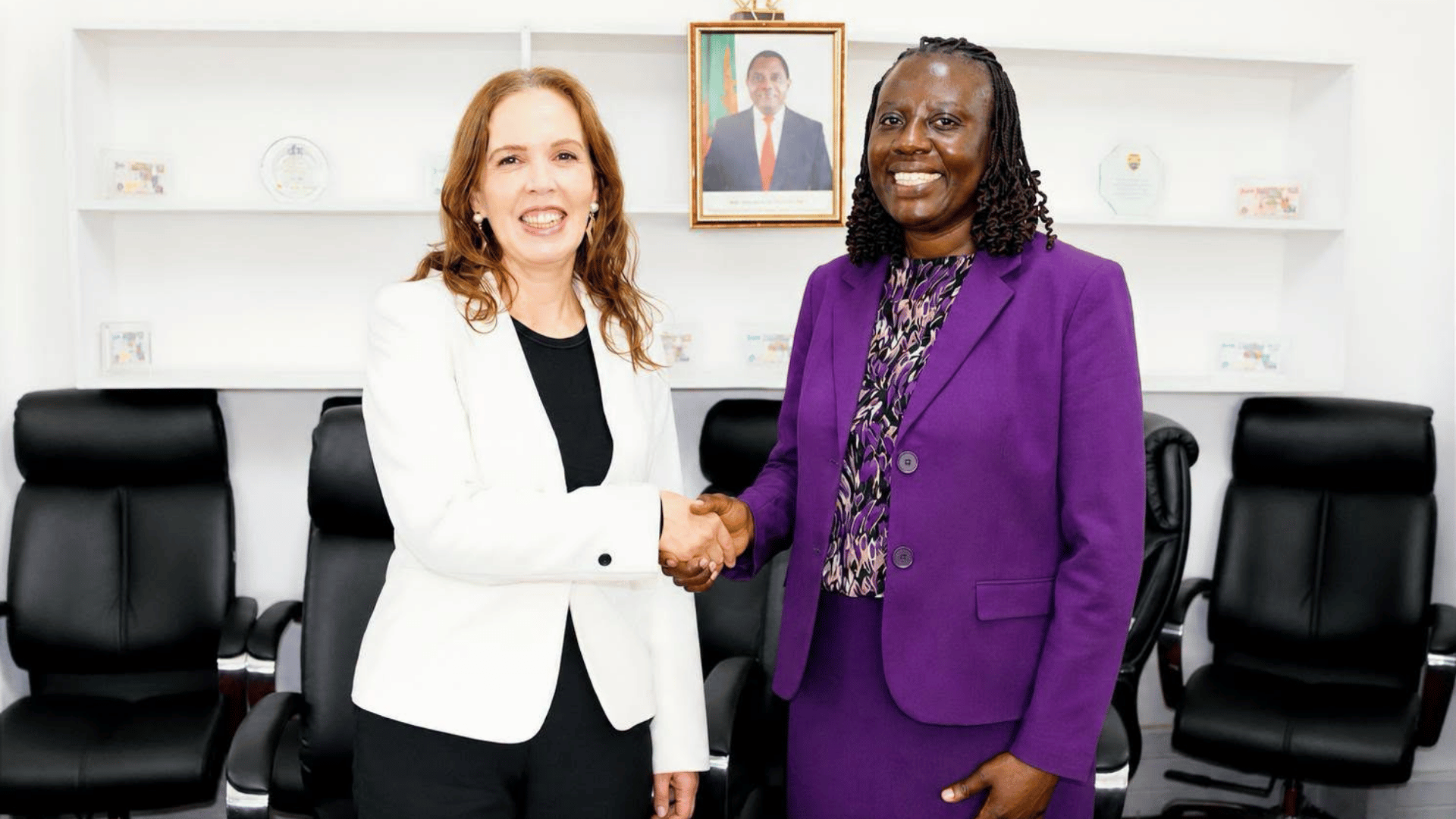 Ambassador Saana Halinen and Permanent Secretary Prudence Kaoma shake hands during the farewell courtesy call at the Ministry of Finance and National Planning
