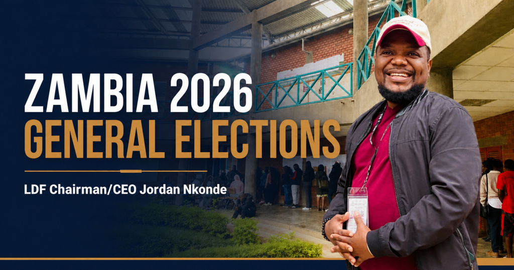 LDF Chairman and CEO Jordan Nkonde pictured in featured artwork for Zambia’s 2026 general elections