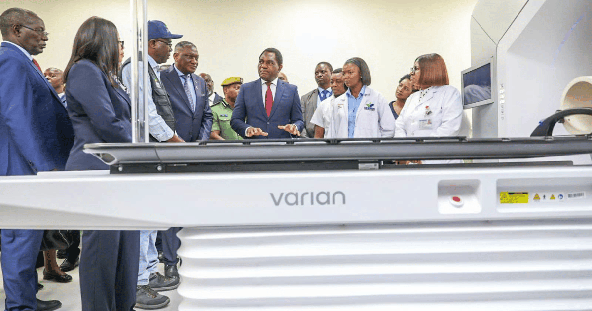 Patients and healthcare professionals at Zambia's Cancer Diseases Hospital following the reopening of the radiotherapy wing after a five-year closure, restoring access to vital cancer treatment services.