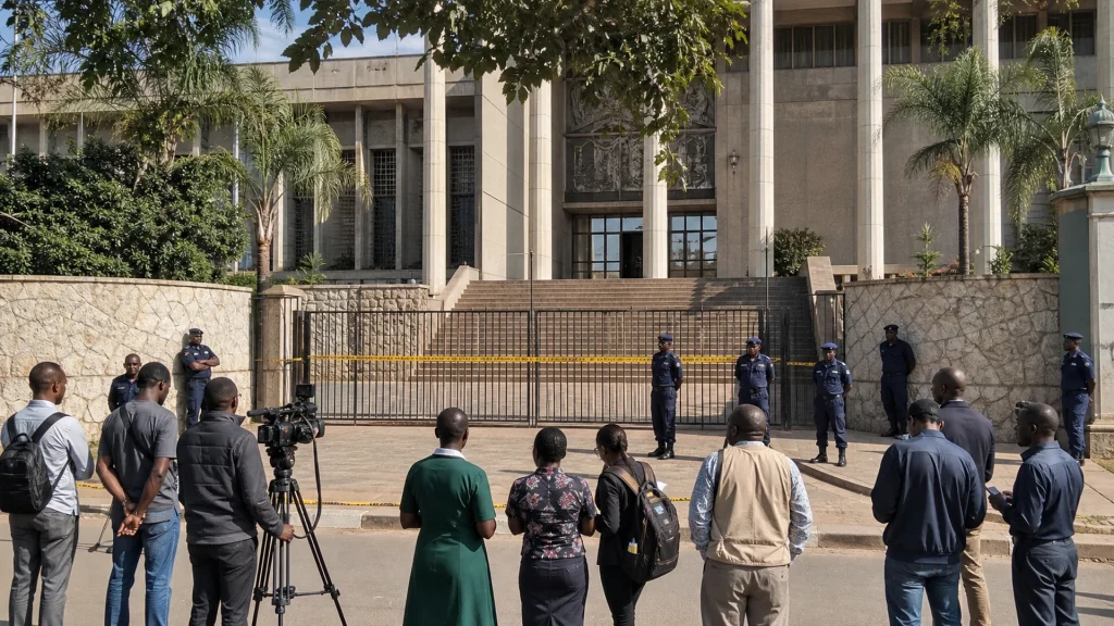Police officers guard a closed Zambian court as Brian Mundubile prepares an election petition
