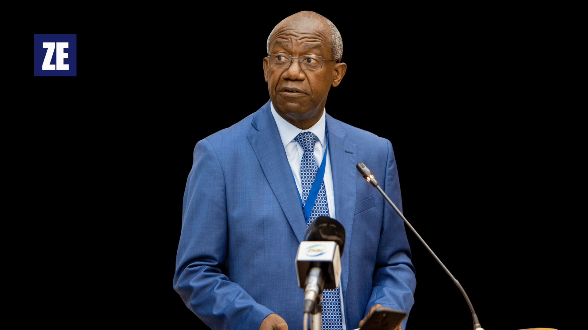 Secretary to the Cabinet Patrick Kangwa speaking at a podium ahead of Zambia's 13 August 2026 general election.
