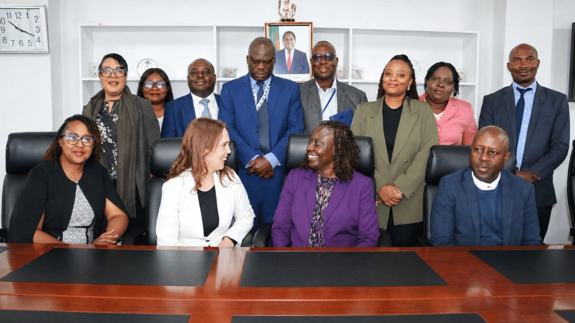 Zambian and Finnish officials pose for a group photograph during the farewell courtesy call between Ambassador Saana Halinen and Permanent Secretary Prudence Kaoma in Lusaka