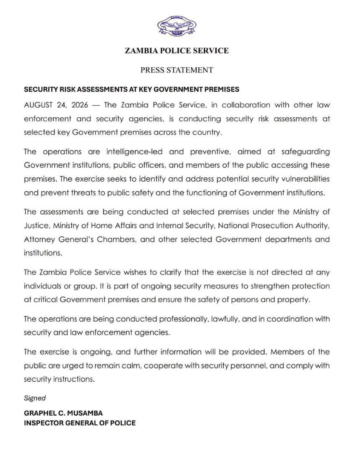 Zambia Police statement on security assessments at key government premises
