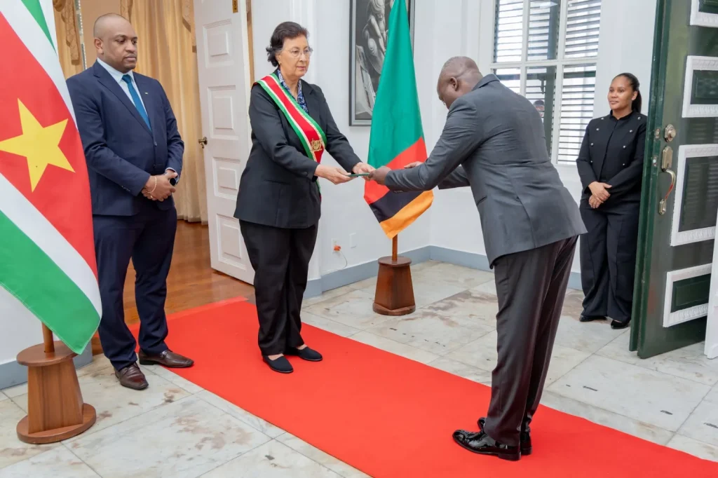 Zambia Ambassador Sitali Alibuzwi presenting credentials to Suriname President Jennifer Geerlings-Simons