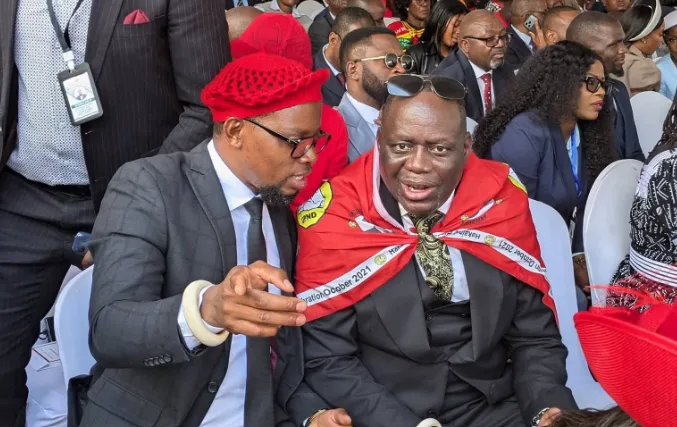 Sesheke East MP Romeo Kangombe (left) with a Barotseland dignitary at a public event