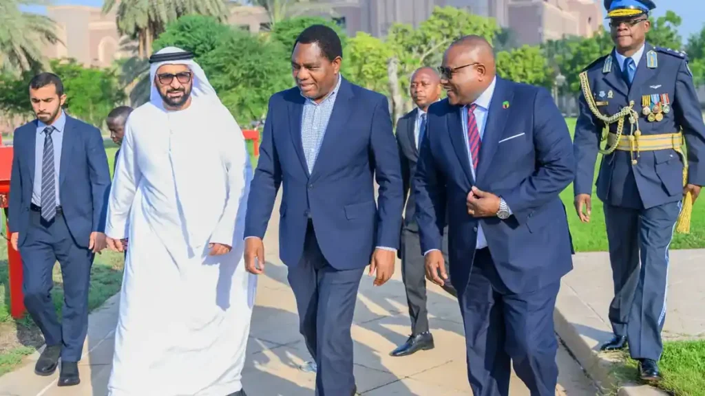President Hakainde Hichilema walks with UAE officials in Abu Dhabi at the start of his working visit to the United Arab Emirates