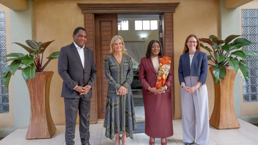 President Hakainde Hichilema, the First Lady, and HRH The Duchess of Edinburgh at Community House, Lusaka