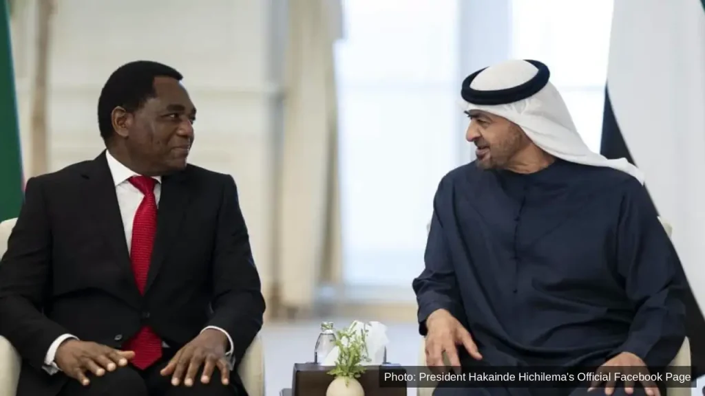 President Hakainde Hichilema and UAE President Sheikh Mohamed bin Zayed Al Nahyan in talks at the Presidential Palace, Abu Dhabi