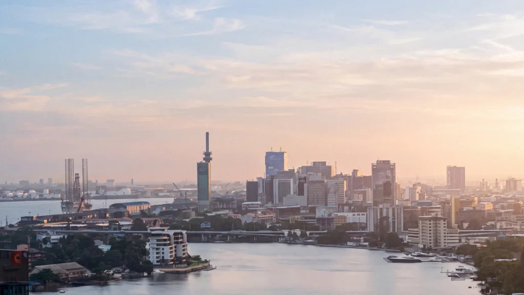 Lagos Island skyline at sunset, the Nigerian financial hub where the Dangote Refinery IPO is listing