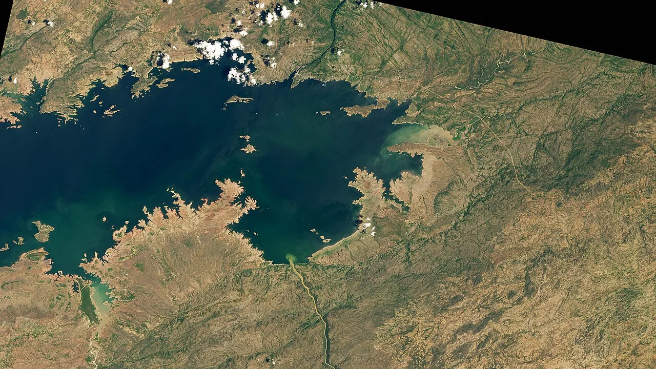 Satellite image of Lake Kariba's shrunken shoreline during the Southern African drought, illustrating El Nino's impact on Zambia's hydropower supply