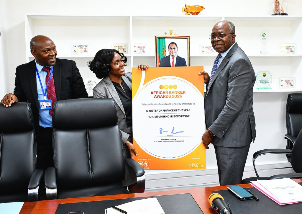 Dr Situmbeko Musokotwane MP, Minister of Finance and National Planning, celebrated by Ministry management and staff after being named Finance Minister of the Year 2026