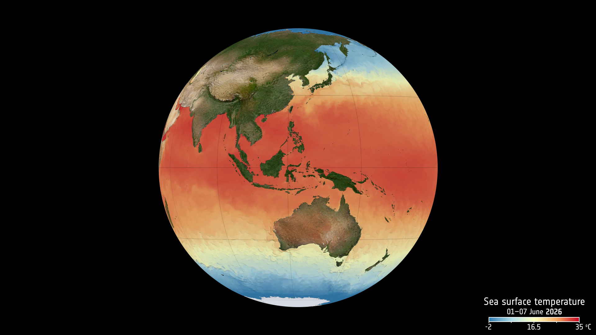 Satellite view of Pacific Ocean sea surface temperatures showing the warm El Nino band along the equator, June 2026