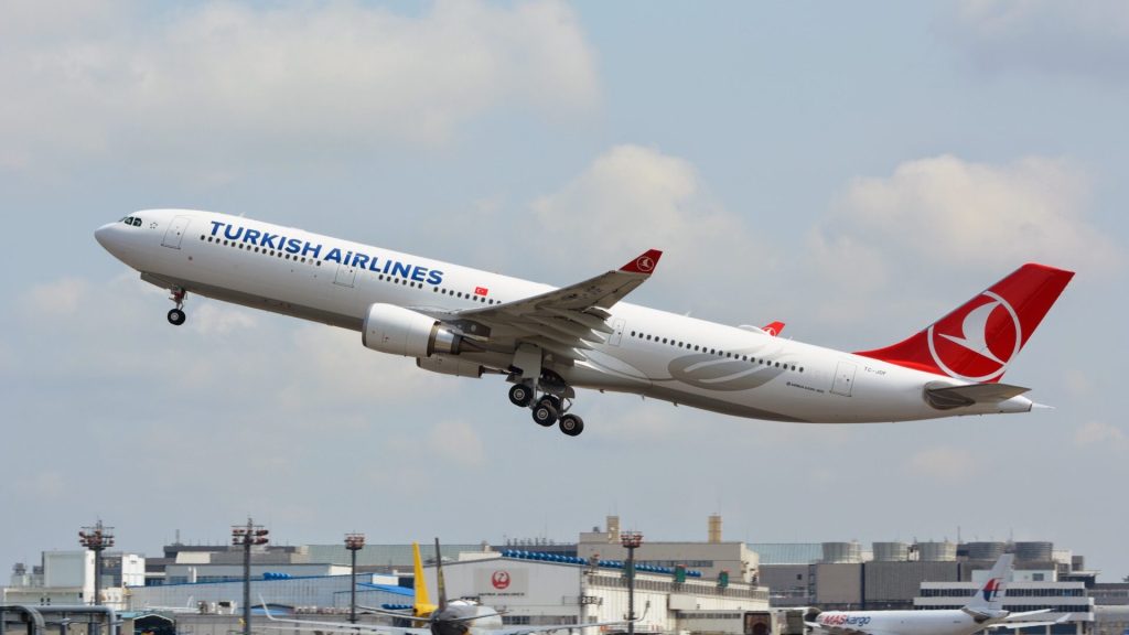 Turkish Airlines aircraft in flight, representing the discontinued Lusaka Istanbul route
