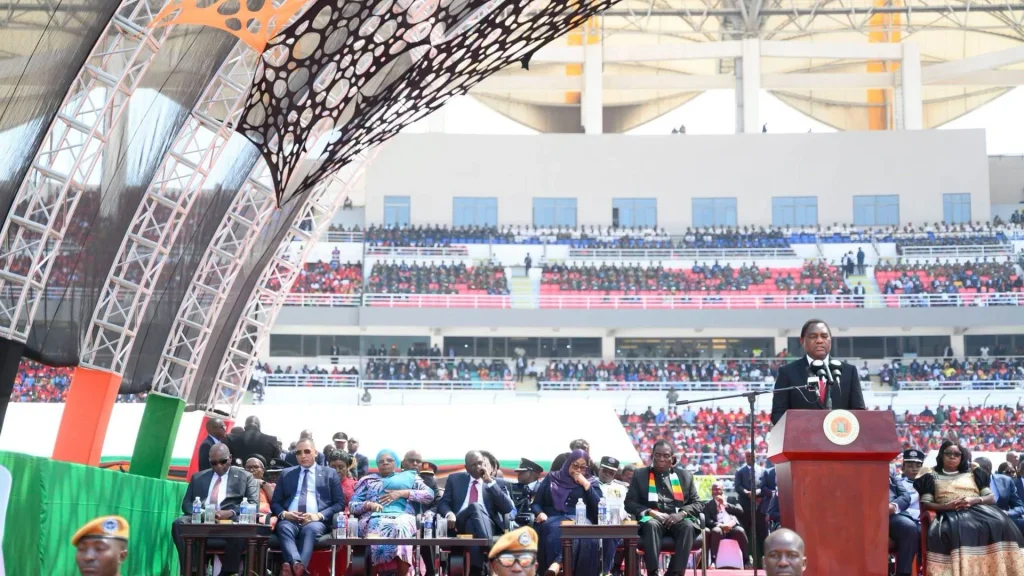 President Hakainde Hichilema addressing a stadium audience at his inauguration, in a file photograph