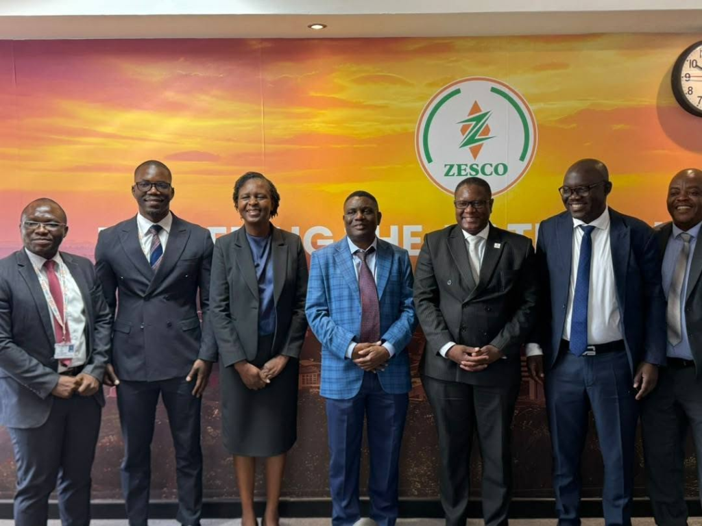 Emoluments Commission and ZESCO representatives pose for a group photograph in front of a ZESCO-branded wall.