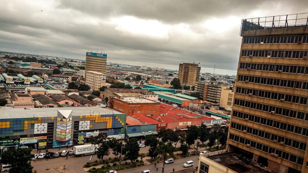Aerial view of the Cairo Road business district in central Lusaka, Zambia, with high-rise office buildings