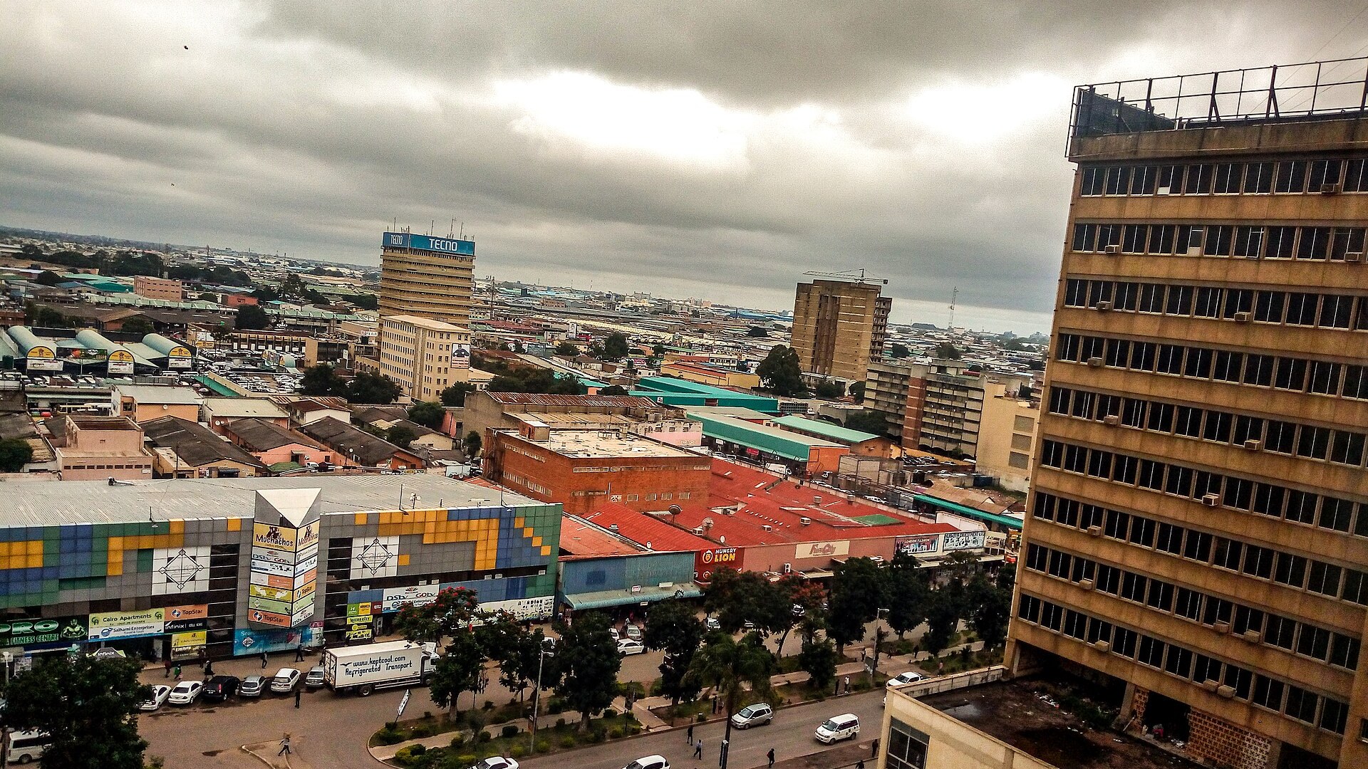Aerial view of the Cairo Road business district in central Lusaka, Zambia, with high-rise office buildings
