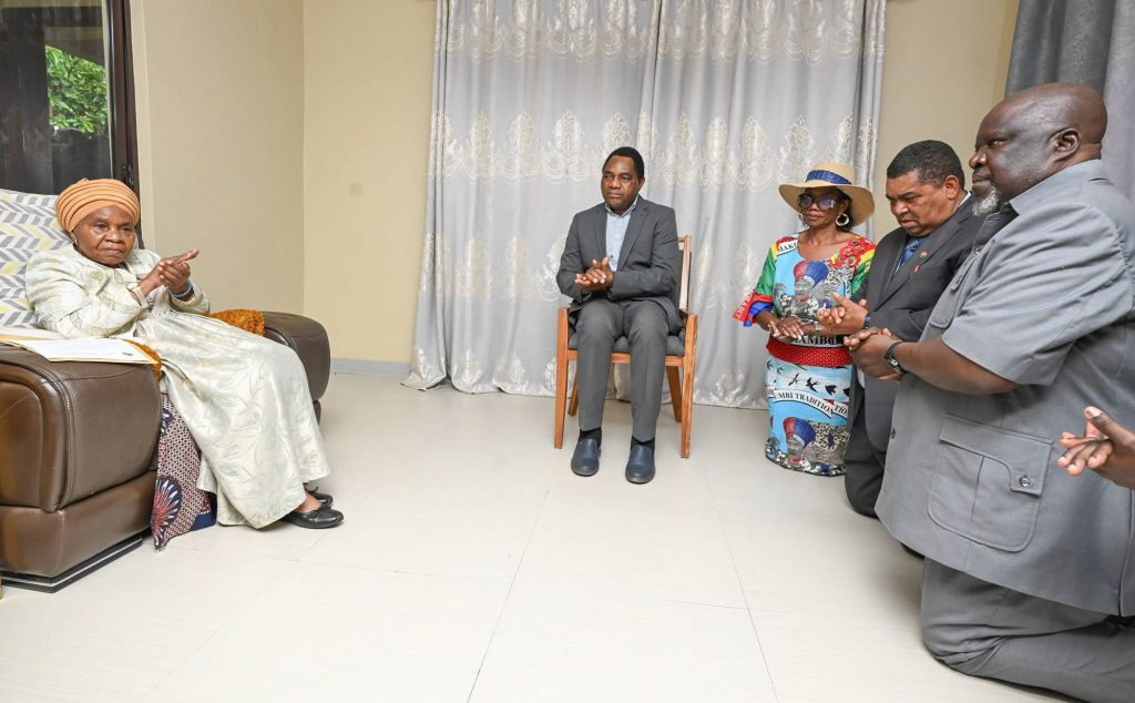 President Hakainde Hichilema with Senior Chieftainess Nkomeshya Mukamambo II at her palace in Chongwe District