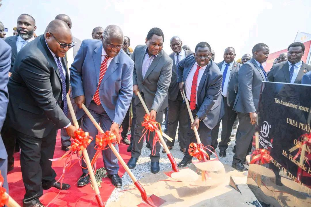 President Hakainde Hichilema and officials at the UCF urea plant expansion groundbreaking in Chilanga.