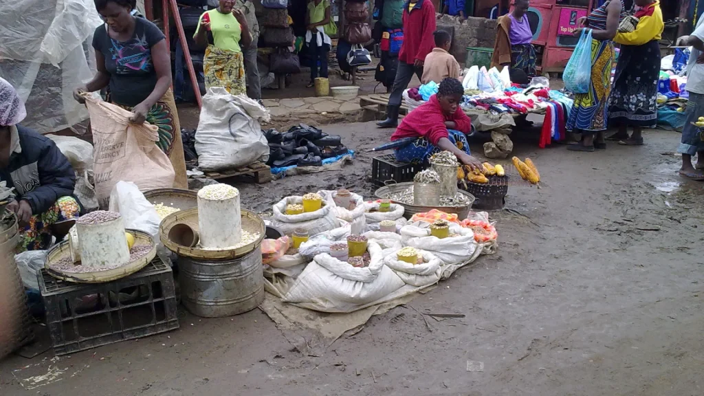 Traders selling maize meal, beans and other food staples to shoppers at a market in Lusaka, Zambia