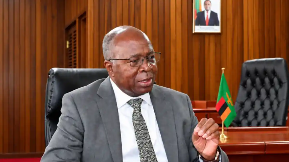 Finance and National Planning Minister Dr Situmbeko Musokotwane speaking at his desk beside a Zambian flag