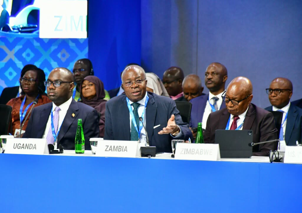 Finance Minister Situmbeko Musokotwane speaks from the Zambia seat at a meeting alongside delegates seated behind Uganda and Zimbabwe nameplates.