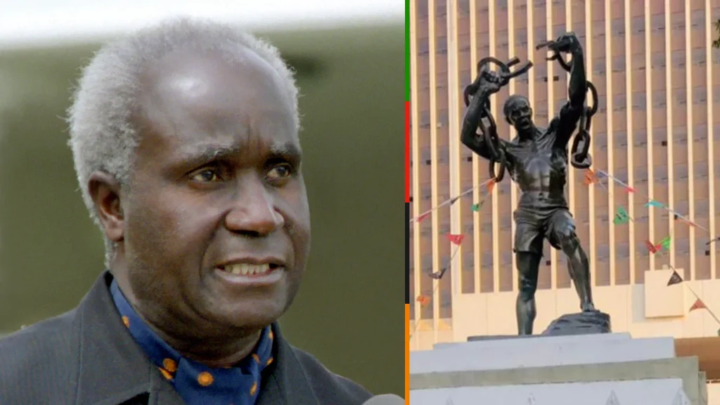 Portrait of Kenneth Kaunda, first President of Zambia, beside the Freedom Statue in Lusaka, a bronze figure of a man breaking chains