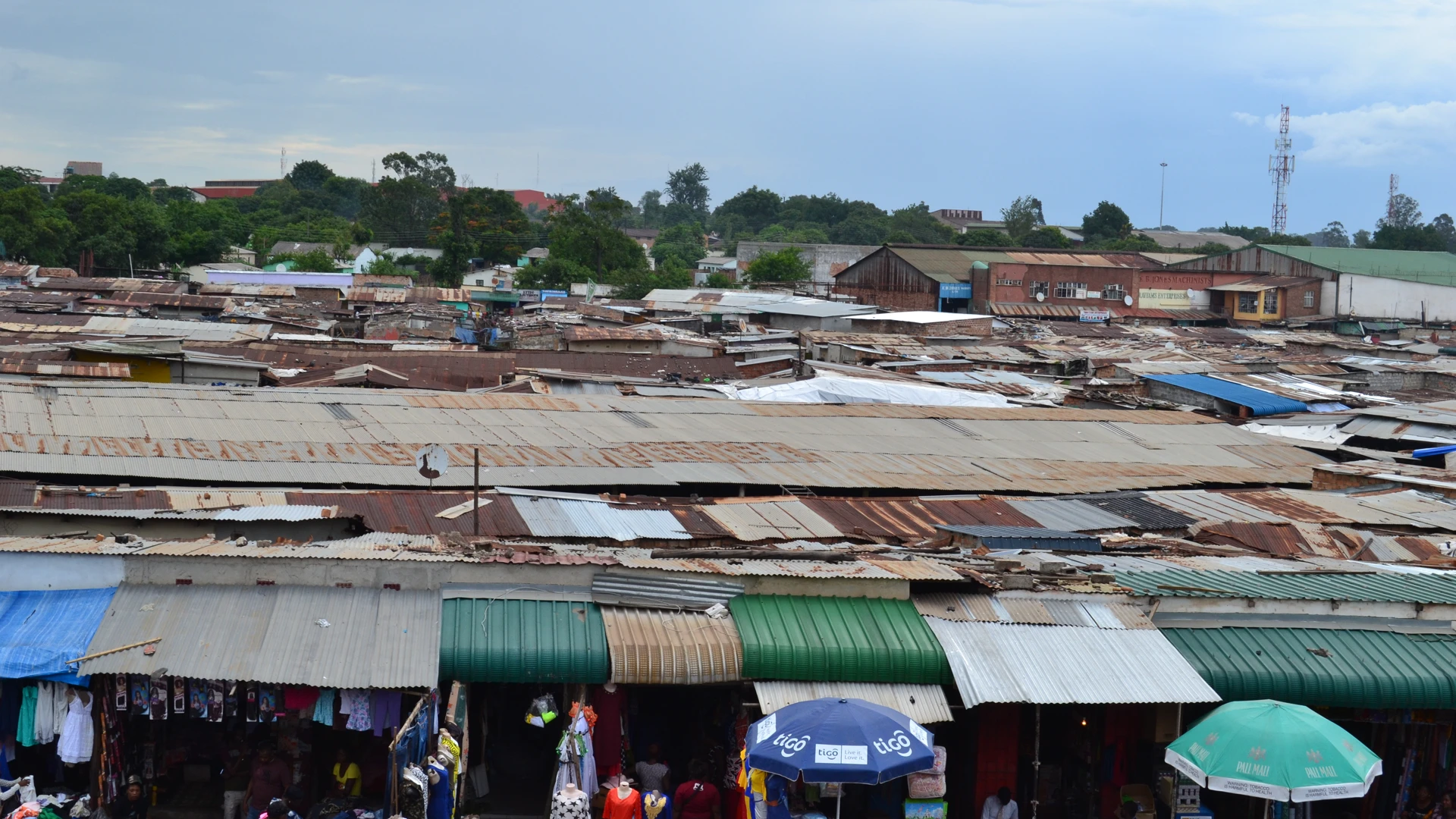 Chisokone Market rooftops and stalls in Kitwe, Zambia, photographed in December 2016.