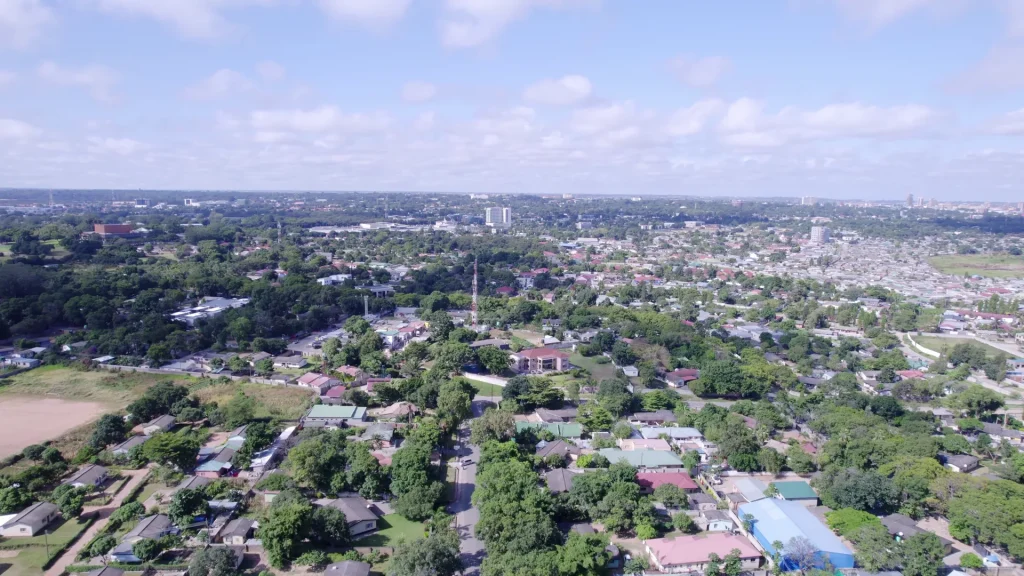 Aerial view of residential plots and homes in Lusaka, Zambia, the kind of neighbourhood being surveyed under the National Land Titling Programme
