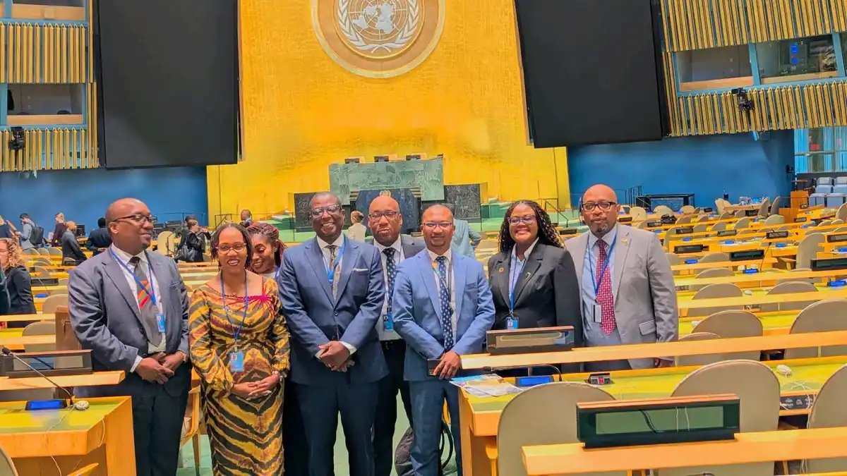 Zambian delegation standing in the UN General Assembly Hall in New York after Zambia won a seat on the UN Human Rights Council